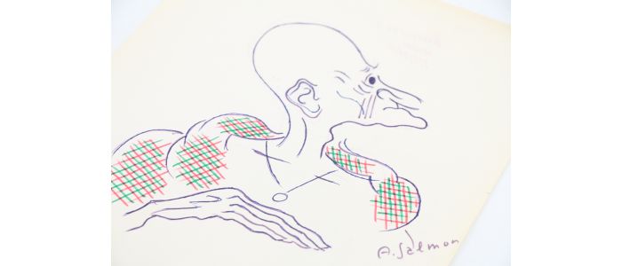 RIM : Deux dessins originaux aux feutres bleu, rouge et vert représentant le visage de son grand ami le poète André Salmon, les deux de profil et affectés d'une moue triste - Signed book, First edition - Edition-Originale.com