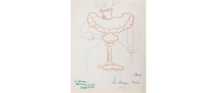 RIM : Humoristique dessin original à l'encre bleue et rehaussé au feutre orange intitulé Lampe-mère 1900 et représentant une lampe épousant la forme d'une silhouette féminine - Libro autografato, Prima edizione - Edition-Originale.com