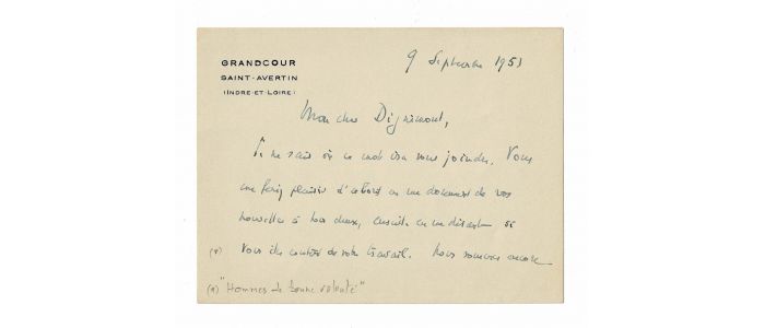 ROMAINS : Bristol autographe daté et signé adressé à André Dignimont concernant l'illustration du chef-d'oeuvre de Jules Romains 