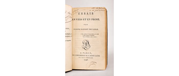 ROUGET DE L'ISLE : Essais en vers et en prose - Autographe, Edition Originale - Edition-Originale.com