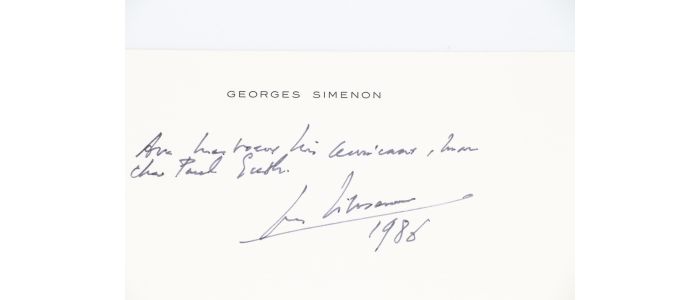 SIMENON : Carte de visite de Georges Simenon sur laquelle il a adressé ses voeux de bonne année 1986 à son ami Paul Guth - Autographe, Edition Originale - Edition-Originale.com