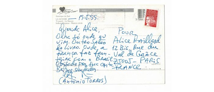 TORRES : Carte postale autographe signée adressée à sa traductrice en français Alice Raillard - Autographe, Edition Originale - Edition-Originale.com