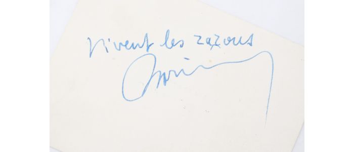 VIAN : Carte de visite signée et détournée par Boris Vian à la manière zazoue portant l'acclamation : 