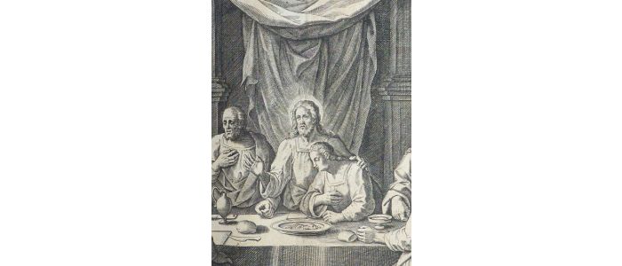 Audiit ut tristem zebedaei filus unus: Ille refert lacriimis pectus ad usae fluens. Quis te nostra salus, quis te rogo prodet Iesu: Dicito discipilus, hoc bone Christe tuis. (Luce.22.14.). Gravure originale du XVIIe siècle - Edition Originale - Edition-Originale.com