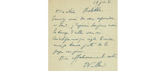 VUILLARD : Lettre autographe signée d'Edouard Vuillard adressée à Bolette Natanson - Signed book, First edition - Edition-Originale.com