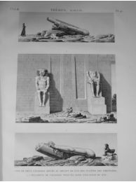 DESCRIPTION DE L'EGYPTE.  Thèbes. Karnak. Vue de deux colosses situés au devant de l'un des pylônes des propylées, trois fragments de colosses trouvées dans l'enceinte du sud. (ANTIQUITES, volume III, planche 45) - Erste Ausgabe - Edition-Originale.com