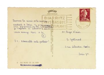 BLONDIN : Carte postale autographe signée adressée à son meilleur ami Roger Nimier depuis Biarritz - Signiert, Erste Ausgabe - Edition-Originale.com