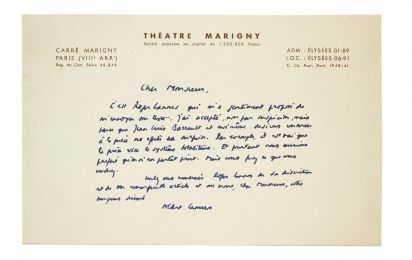 CAMUS : Lettre autographe signée à Maurice Noël à propos de la création 