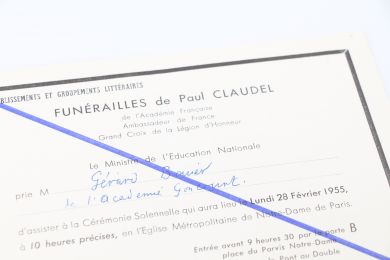 CLAUDEL : Invitation nominative aux funérailles de Paul Claudel le Lundi 28 Février 1955 en l'église Notre-Dame de Paris - First edition - Edition-Originale.com