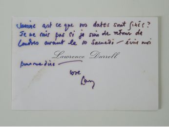 DURRELL : Carte de visite autographe adressée à Jani Brun - Libro autografato, Prima edizione - Edition-Originale.com