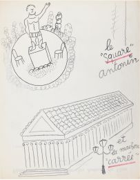 GASSIER : Dessin original à l'encre noire rehaussé à l'aquarelle représentant la statue du square antonin et la Maison carrée de Nîmes - Autographe, Edition Originale - Edition-Originale.com