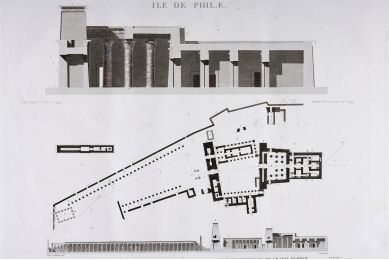 DESCRIPTION DE L'EGYPTE.  Ile de Philae. Plan et coupe générale des principaux édifices, Coupe longitudinale du grand temple. (ANTIQUITES, volume I, planche 5) - Edition Originale - Edition-Originale.com