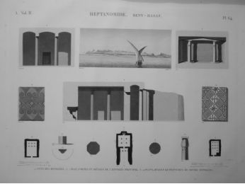 DESCRIPTION DE L'EGYPTE.  Heptanomide. BENY-HASAN. Vues des hypogées, plan, coupes et détails de l'hypogée principal, plans, détails et peintures de divers hypogées. (ANTIQUITES, volume IV, planche 64) - Edition Originale - Edition-Originale.com