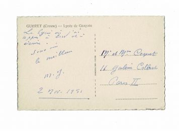 JOUHANDEAU : Carte postale autographe signée de Marcel Jouhandeau adressée à Mr et Mme Coquet - Signiert, Erste Ausgabe - Edition-Originale.com