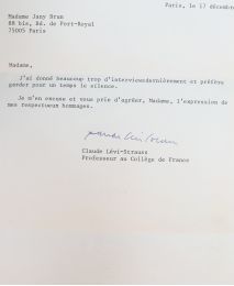 LEVI-STRAUSS : Lettre dactylographiée signée et adressée à Jani Brun depuis le Collège de France  - Autographe, Edition Originale - Edition-Originale.com