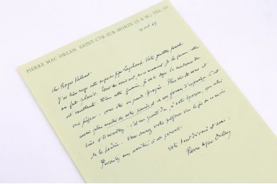 MAC ORLAN : Lettre autographe datée et signée au jeune poète artésien Roger Valuet le complimentant sur son travail de poète : 