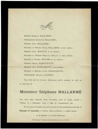 MALLARME : Faire-part de décès de Stéphane Mallarmé - First edition - Edition-Originale.com