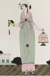 Costumes parisiens. Robe de linon rayé, bordée de linon rose. Fichu aussi de linon rose (pl.108, Journal des Dames et des Modes, 1913 n°48) - Edition Originale - Edition-Originale.com