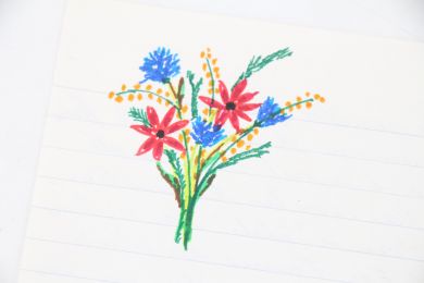 MESRINE : Lettre d'amour autographe datée et signée de Jacques Mesrine écrite depuis la prison de Fleury-Mérogis et adressée à sa compagne Jeanne Schneider enrichie d'un dessin original représentant un bouquet de fleurs : 