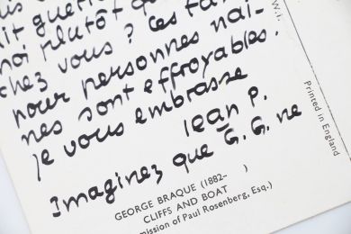 PAULHAN : Carte postale autographe signée et adressée à l'éditrice de son ouvrage Paroles transparente Felia Leal dans laquelle il raille Gaston Gallimard : 