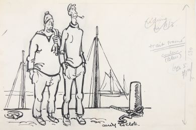 PERRET : Dessin original au crayon de papîer rehaussé au feutre noir représentant deux marins debout sur un quai duquel dépassent des mâts de bateaux - Le dessin est accompagné d'une remarque manuscrite de Jacques Perret sur papier calque - Libro autografato, Prima edizione - Edition-Originale.com