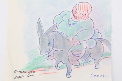 RIM : Dessin original à l'encre bleue et rehaussé aux crayons rouge, bleu et vert représentant Sancho Pança somnolant sur son âne Rucio - Signiert, Erste Ausgabe - Edition-Originale.com