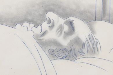 RIM : Dessin original au stylo bille bleu rehaussé au crayon noir représentant son grand ami Raimu sur son lit de mort - Signiert, Erste Ausgabe - Edition-Originale.com