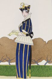 Costumes parisiens. Robe de satin pékiné à volants de nansouk (pl.138, Journal des Dames et des Modes, 1914 n°61) - Erste Ausgabe - Edition-Originale.com