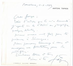 TAPIES : Lettre autographe signée d'Antoni Tàpies à Georges Raillard : 