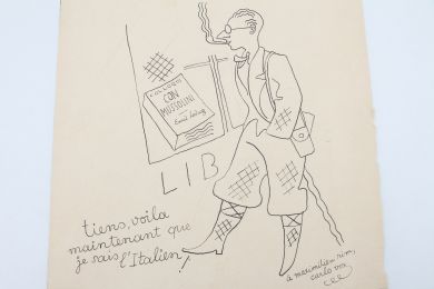 VOX : Amusant dessin original au stylo bille bleu représentant Carlo Rim passant devant une librairie  - Signed book, First edition - Edition-Originale.com