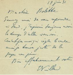 VUILLARD : Lettre autographe signée d'Edouard Vuillard adressée à Bolette Natanson - Autographe, Edition Originale - Edition-Originale.com