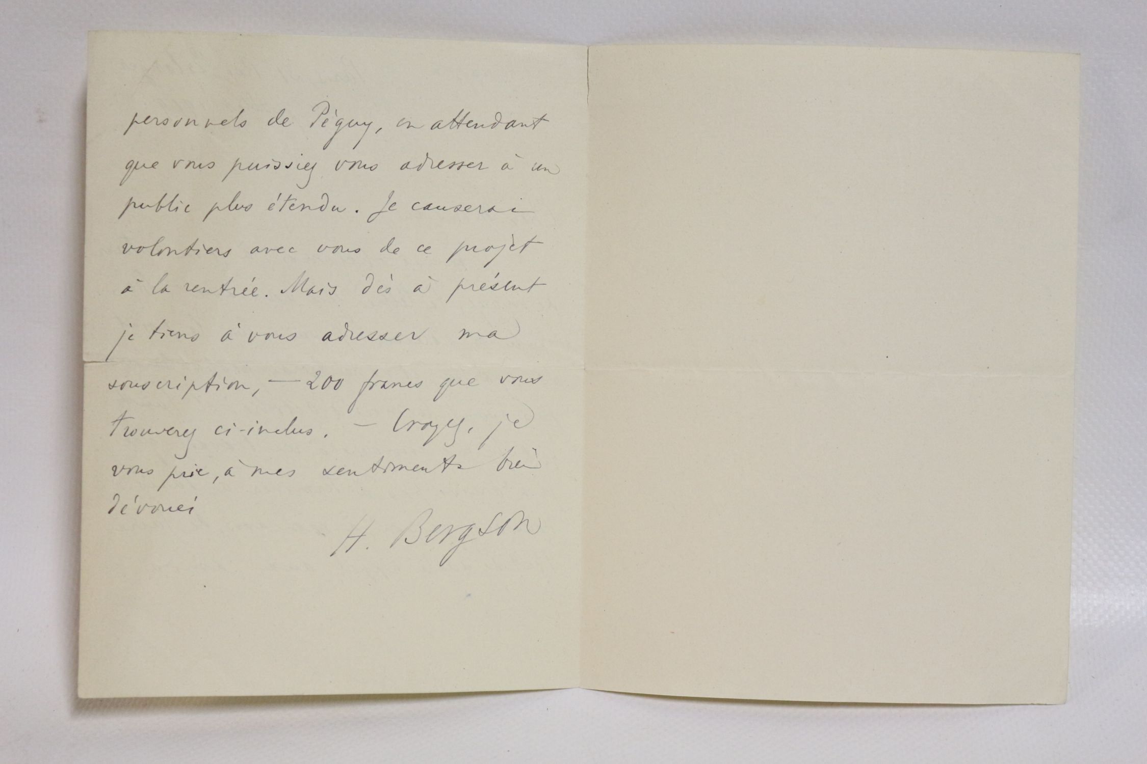 BERGSON : Lettre autographe signée à propos d'un projet de biographie ...