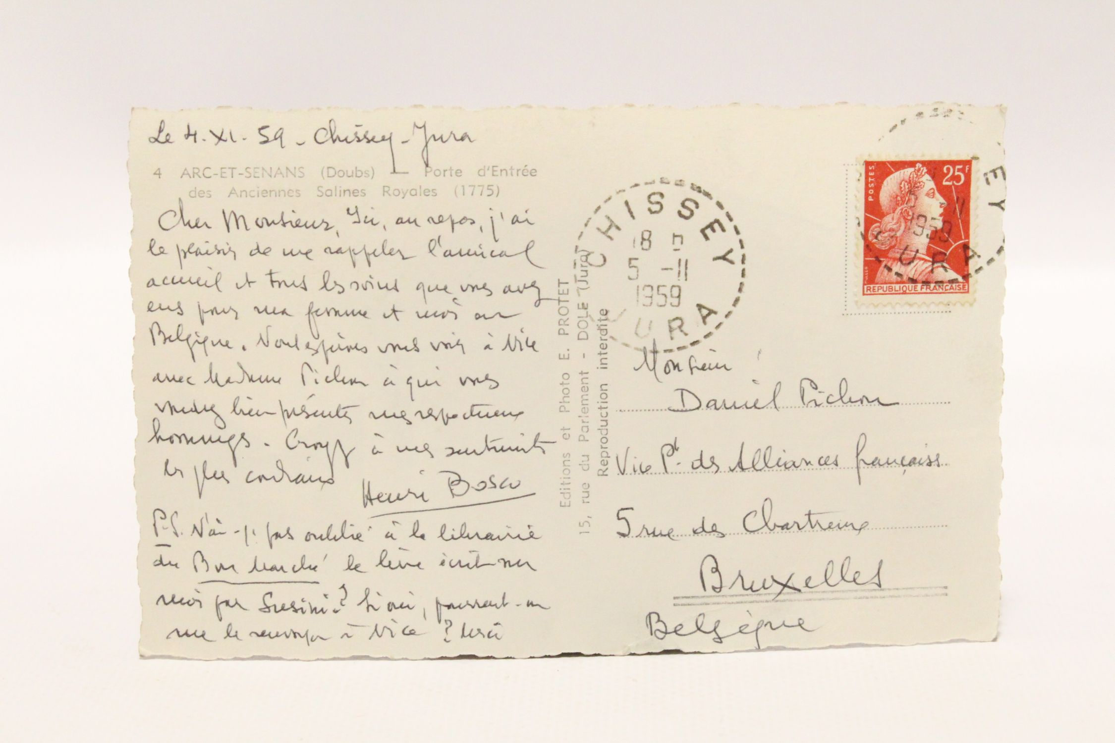BOSCO : Carte postale autographe signée de Henri Bosco à Daniel Pichon ...