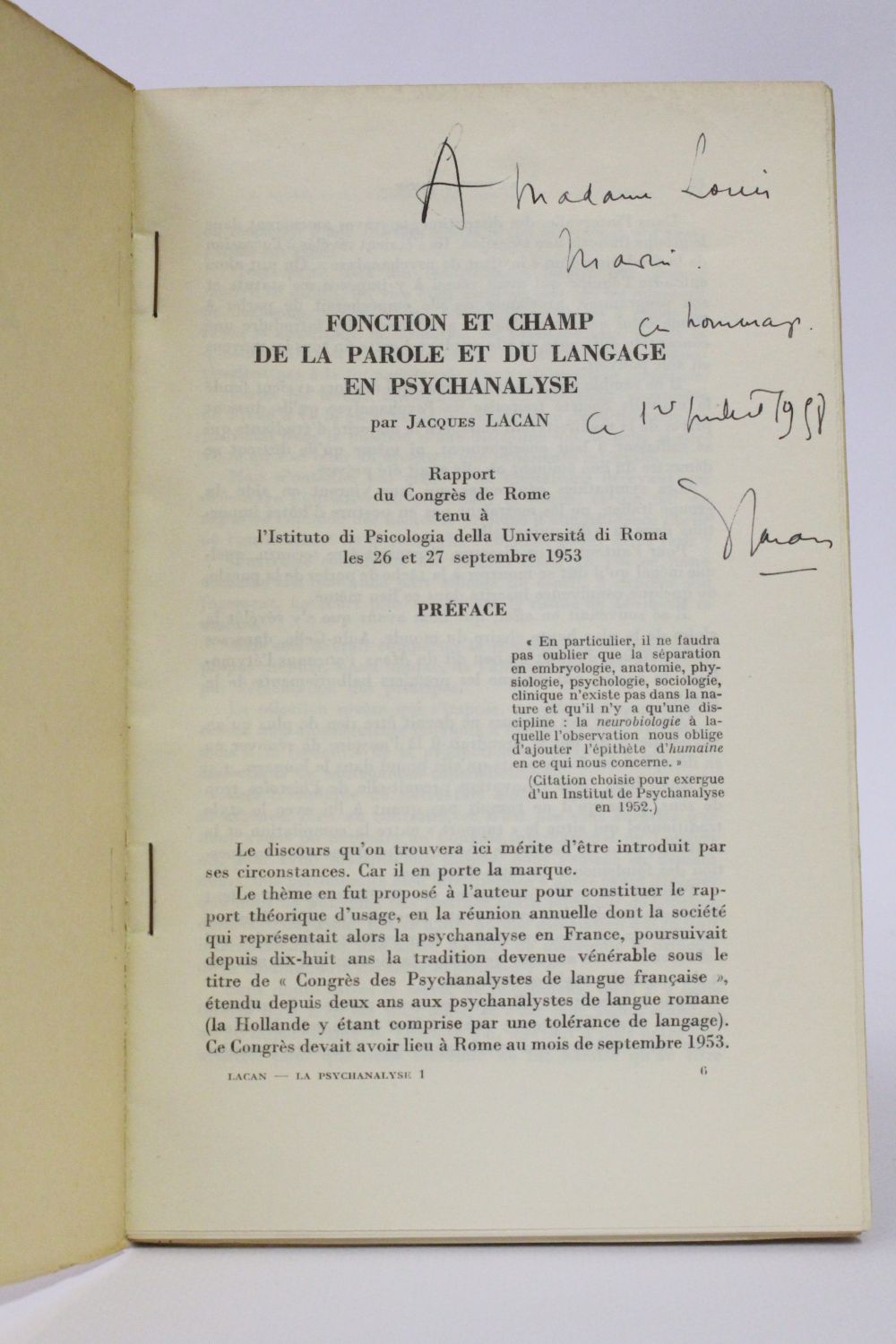 Lacan Fonction Et Champ De La Parole Et Du Langage En Psychanalyse Signed Book First Edition