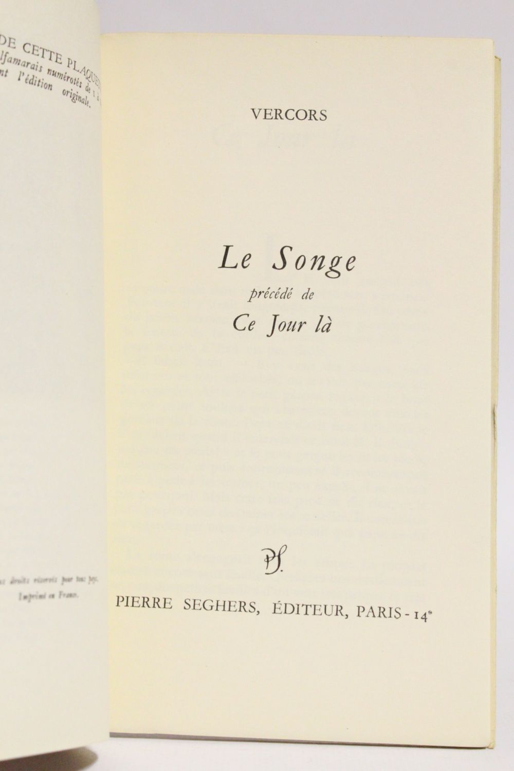 Vercors Le Songe Precede De Ce Jour La First Edition Edition Originale Com